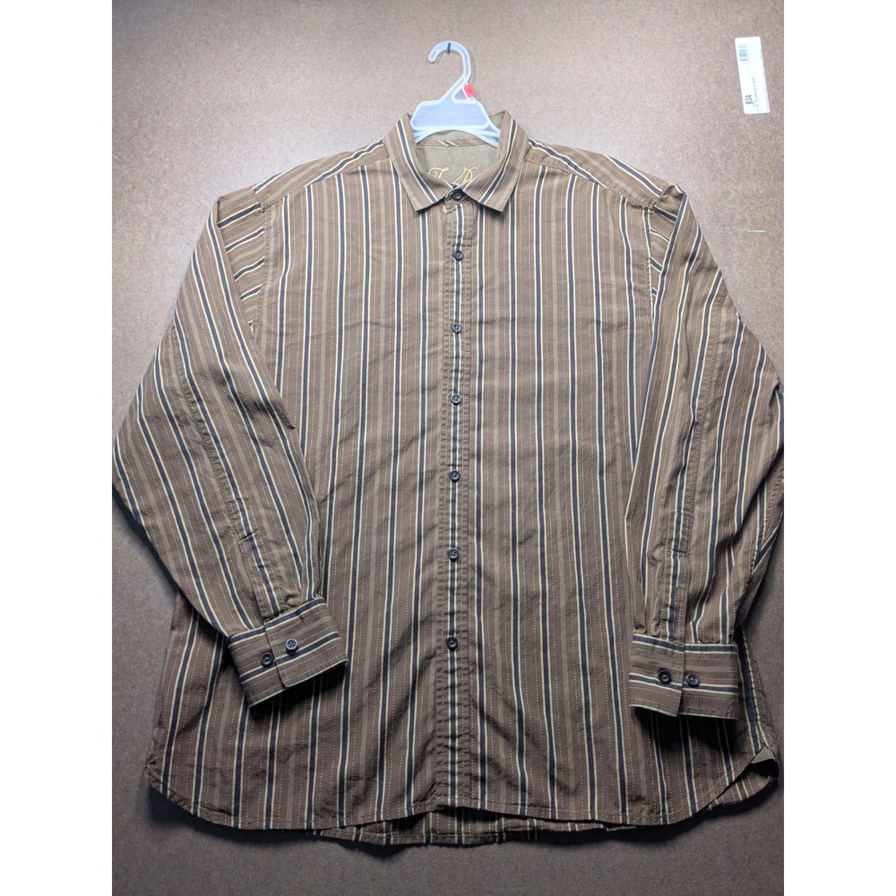 Tommy Bahama Mens Large Brown Striped Cotton Long Sleeve Button Down Shirt